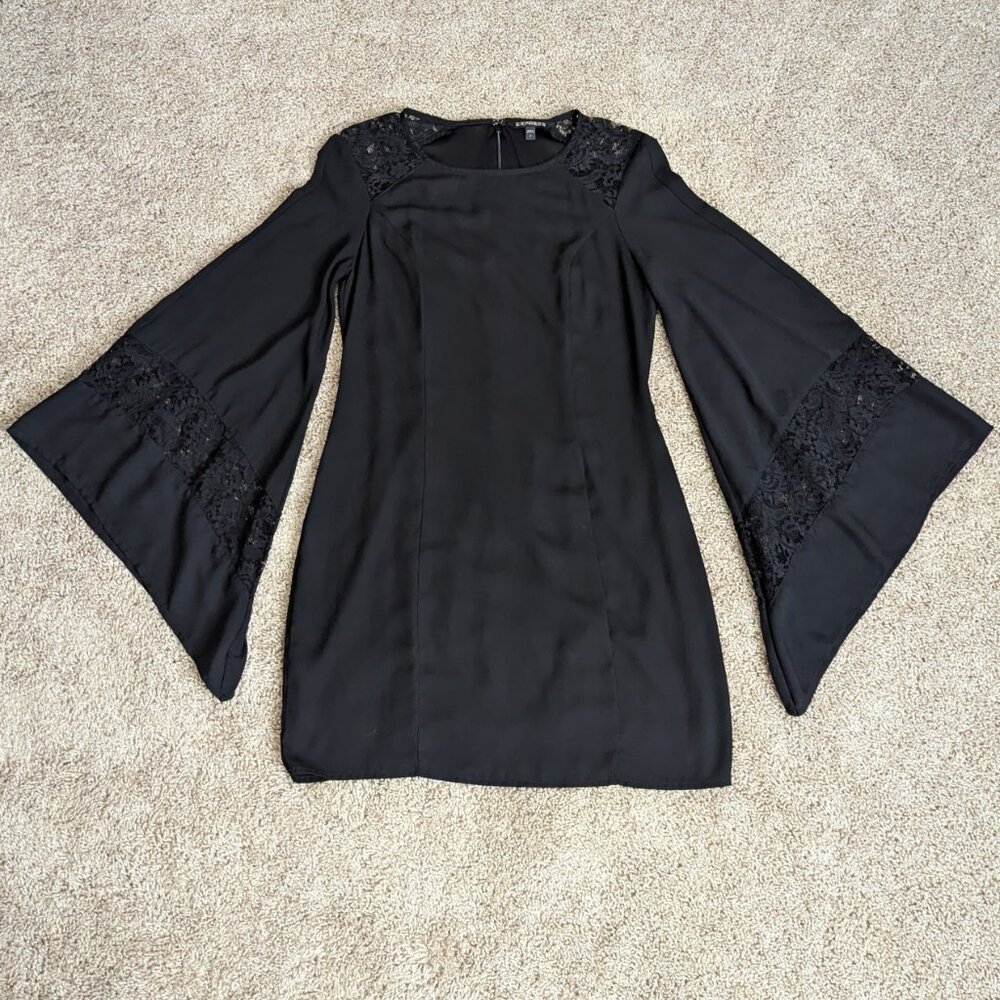 Express Dress Womens 4 Black Chiffon Mini Bell Sleeve Lace LBD Party Cocktail